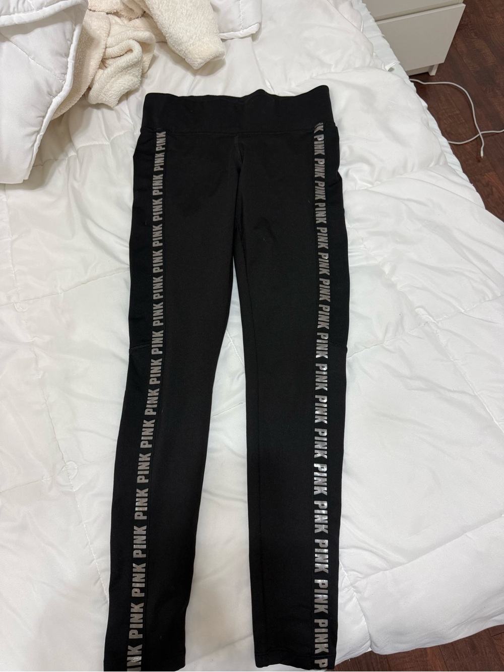 Victoria's Secret Black Leggings with Silver 'PINK' Side Stripes